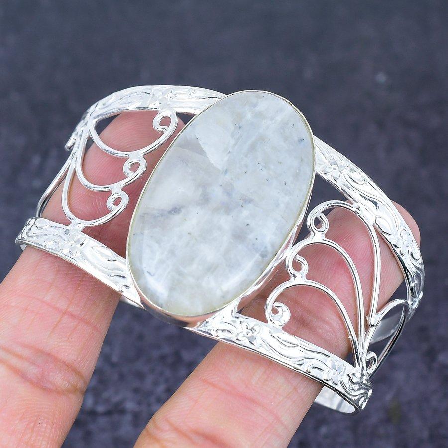 Natural Moonstone Gemstone 925 Sterling Silver Cuff Bangle Adjustable f6H49