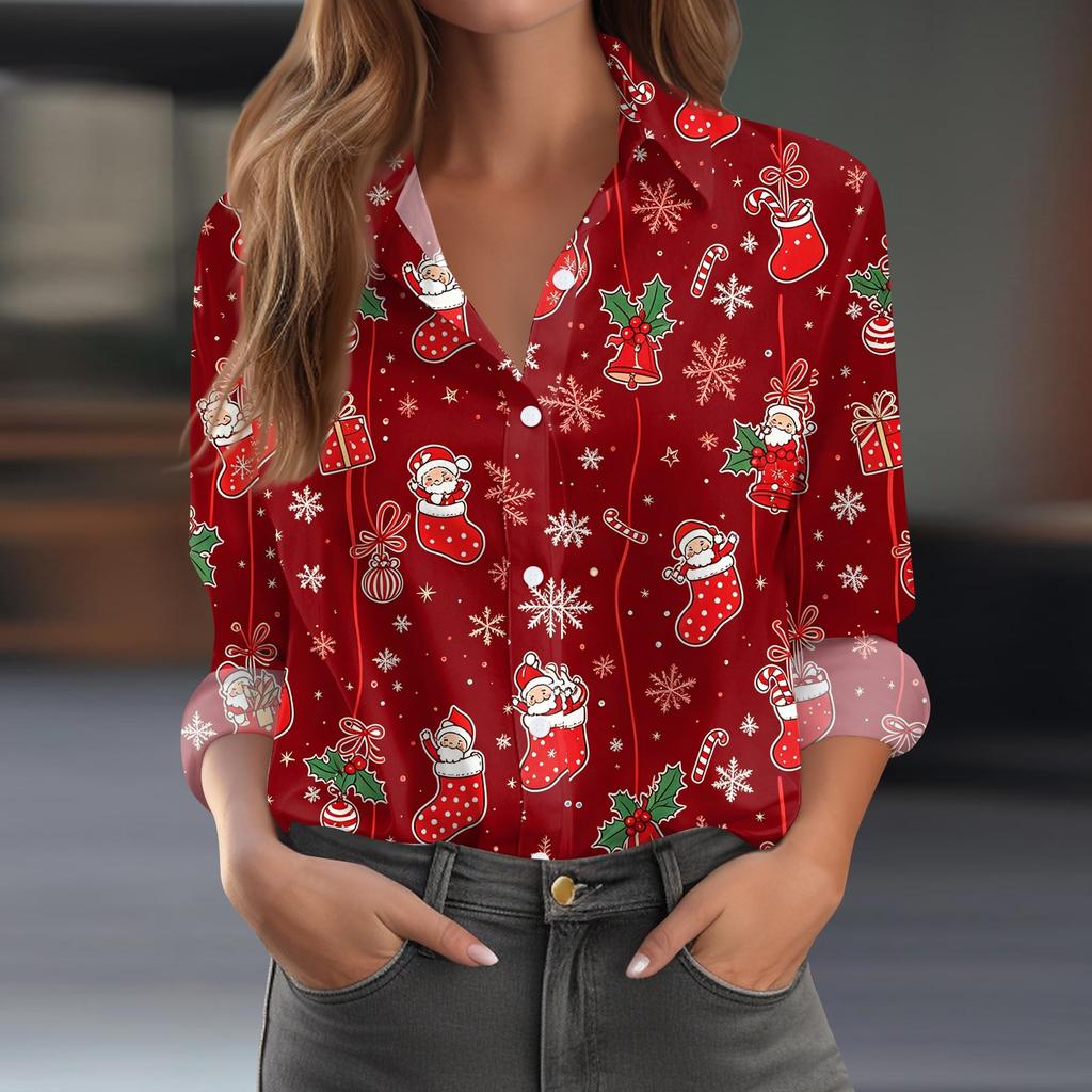 Women's Christmas Print Long Sleeve Casual Button Down Shirt Top