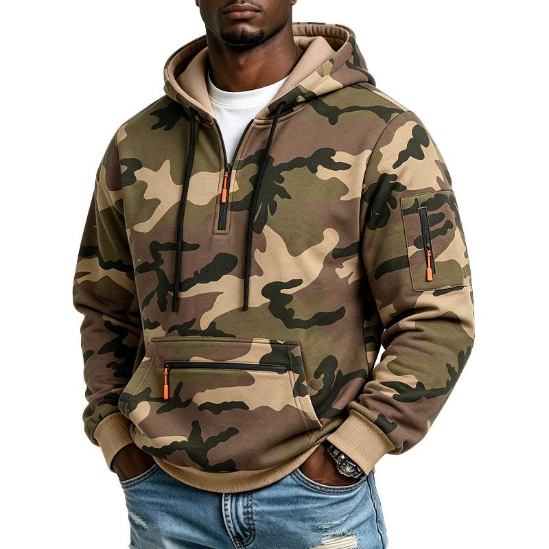 Taktisches Fleece-Kapuzensweatshirt für den Außenbereich mit Camouflage-Muster und Taschen