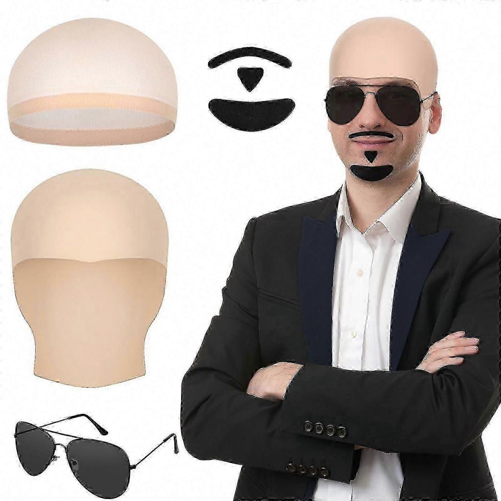 Halloween Bald Cap Costume Set with Beard, Sunglasses and Mustache for Adult Hip Hop Rapper Party