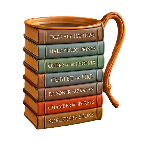 Raamatusarja kohvikruus ergonoomilise käepidemega, kerge disainiga, virnastatav raamatukruus, kodukontori jooginõud