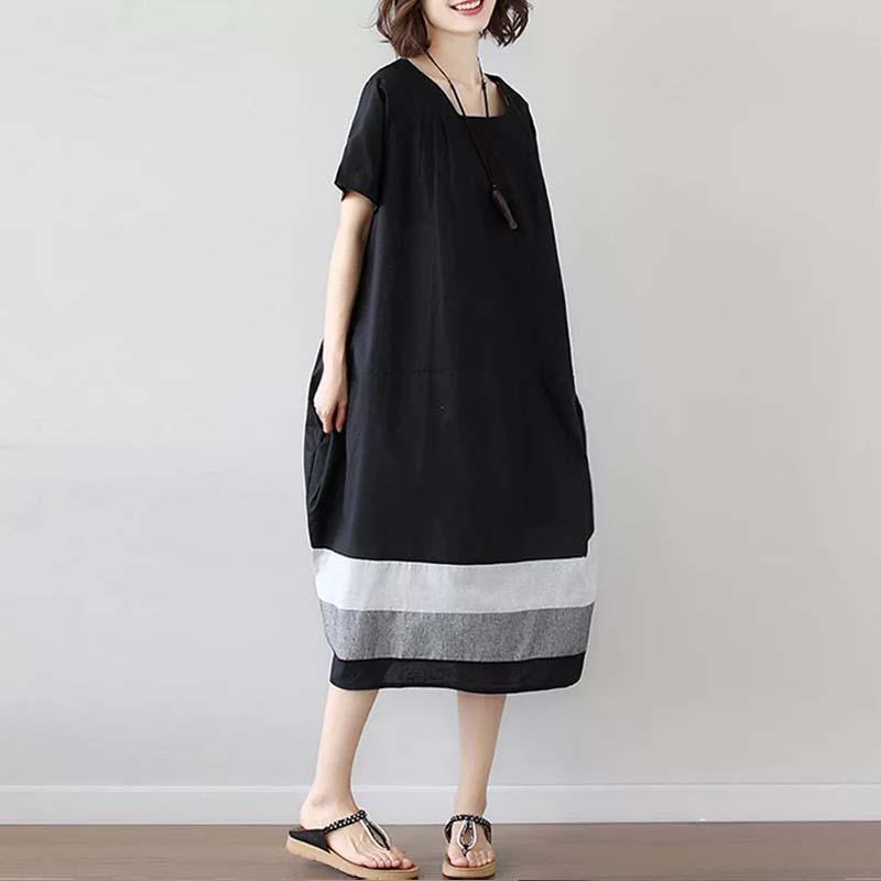 Real Summer New Korean Version Large Size Loose Splicing Striped Cotton and Linen Short-sleeved Dress Women's Clothing Medium and Long