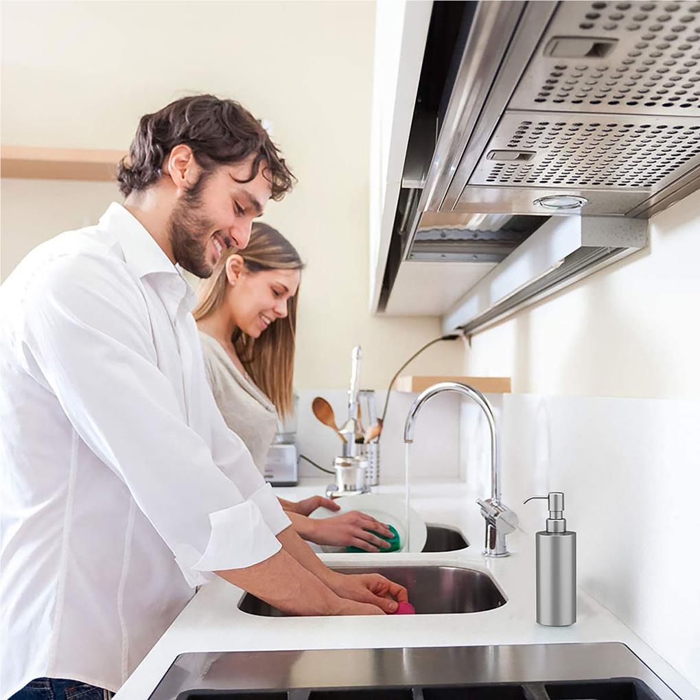 350ml Soap Liquid Dispenser Stainless Steel Press Type Lotion Bottle Containers Liquid Holder Cylindrical Appearance Bathroom