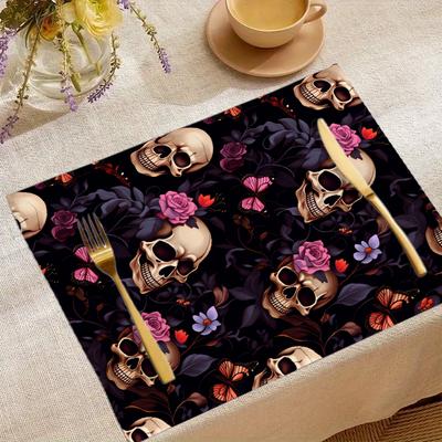 Skull And Floral Pattern Placemat Set For Halloween Or Gothic Table Decor With Rose And Butterfly Design On Dark Background