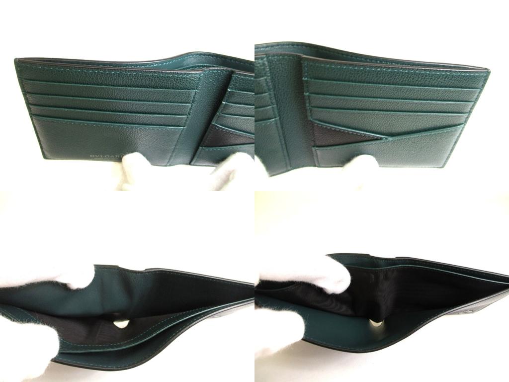 Authentic BVLGARI Black Emerald Green Leather Bifold Wallet Compact Wallet #a896  Refurbished