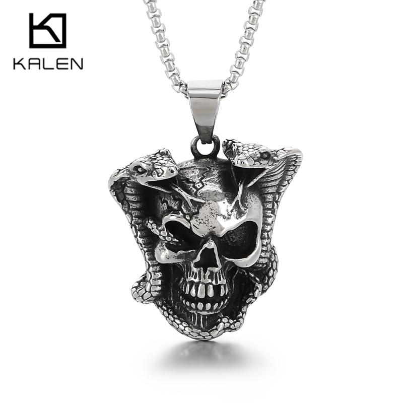 Skull & Double Snake Pendant Necklace for Men Stainless Steel Vintage Gothic Punk Jewelry Retro Biker Rock Accessory Gift