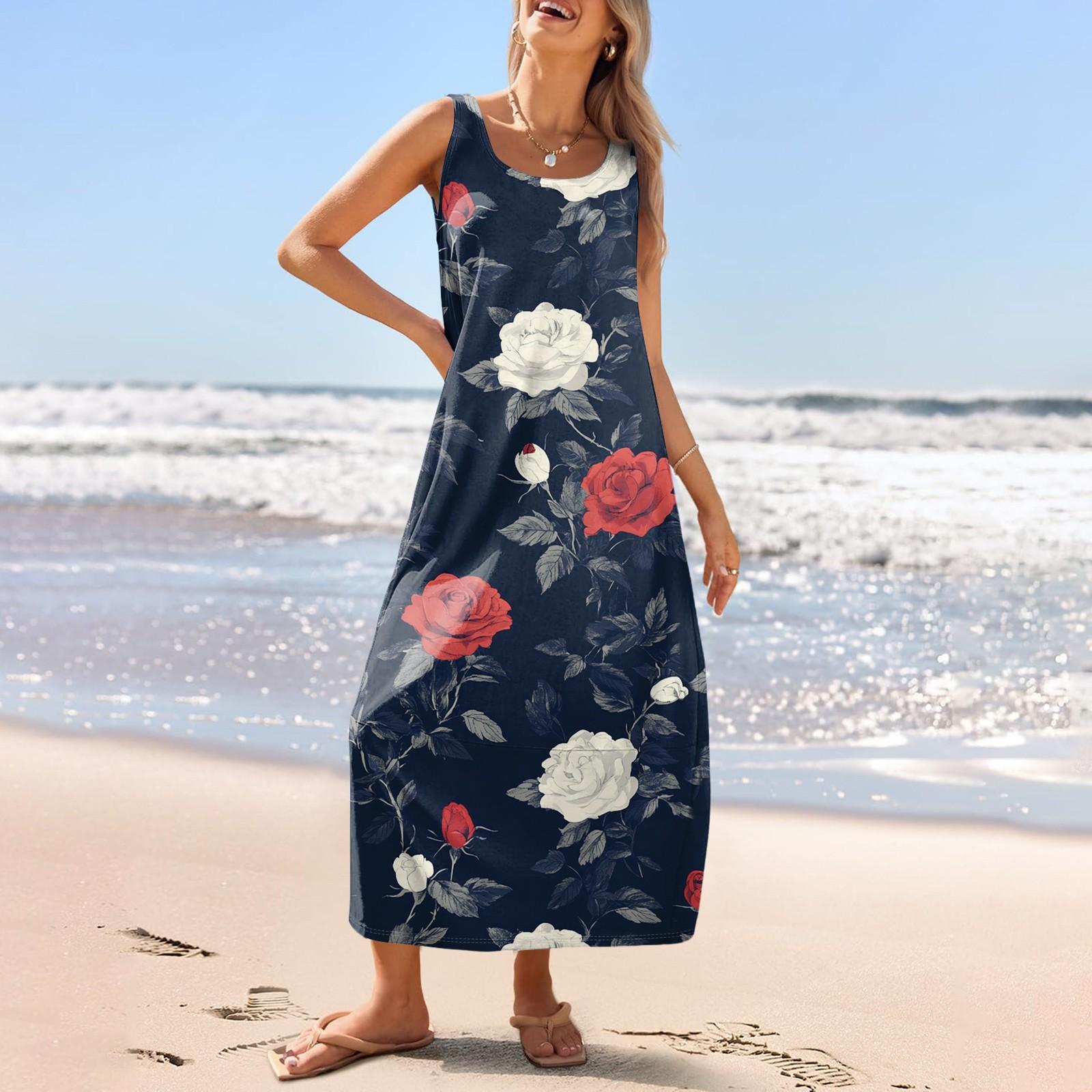 

Women s Casual Long-length Sundress Summer Beach Dress Round Neck Sleeveless Loose Sundress M темно-синього кольору