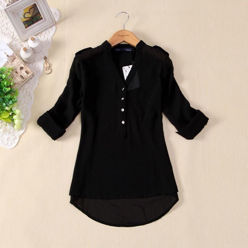 Women Spring Summer V-neck Chiffon Elegant All-match Solid Botton Casual Spirals Shirt Blouse