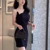 French black asymmetrical shoulder dress for women, summer pure and alluring style, sophisticated and elegant, slimming slimming, hip-hugging short s