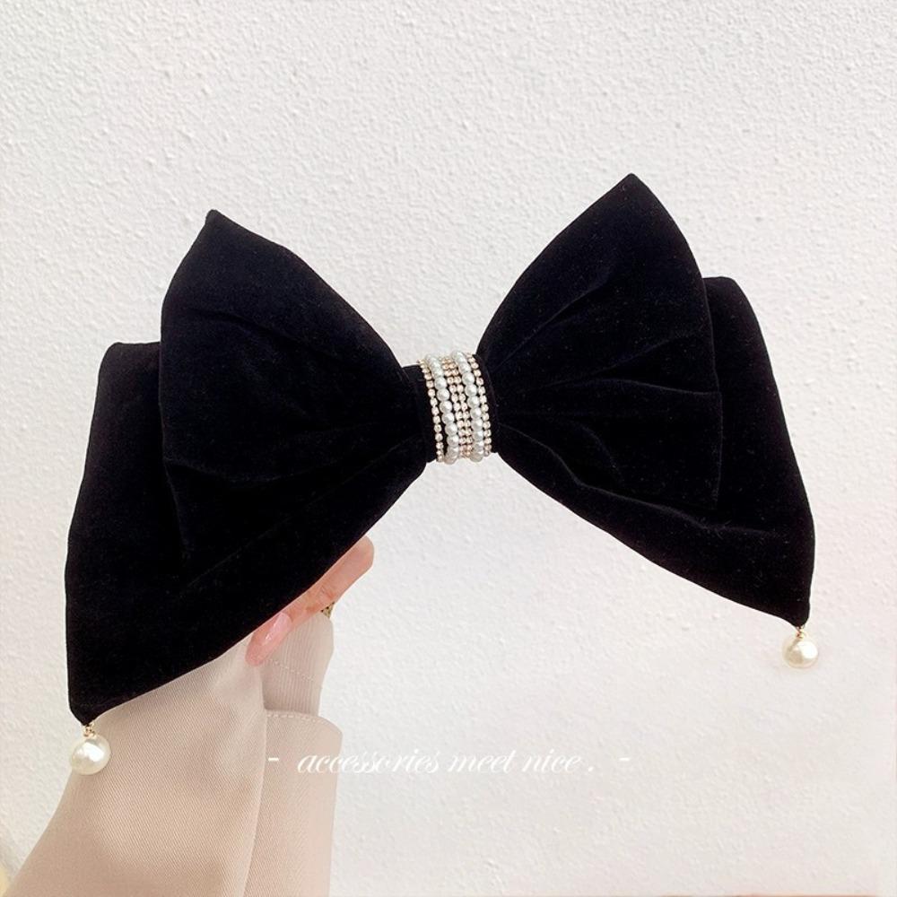 Cloth Bowknot Spring Clip Rhinestone New Year Hairpin Red Velvet Bow Hair Clip Ponytail Holder