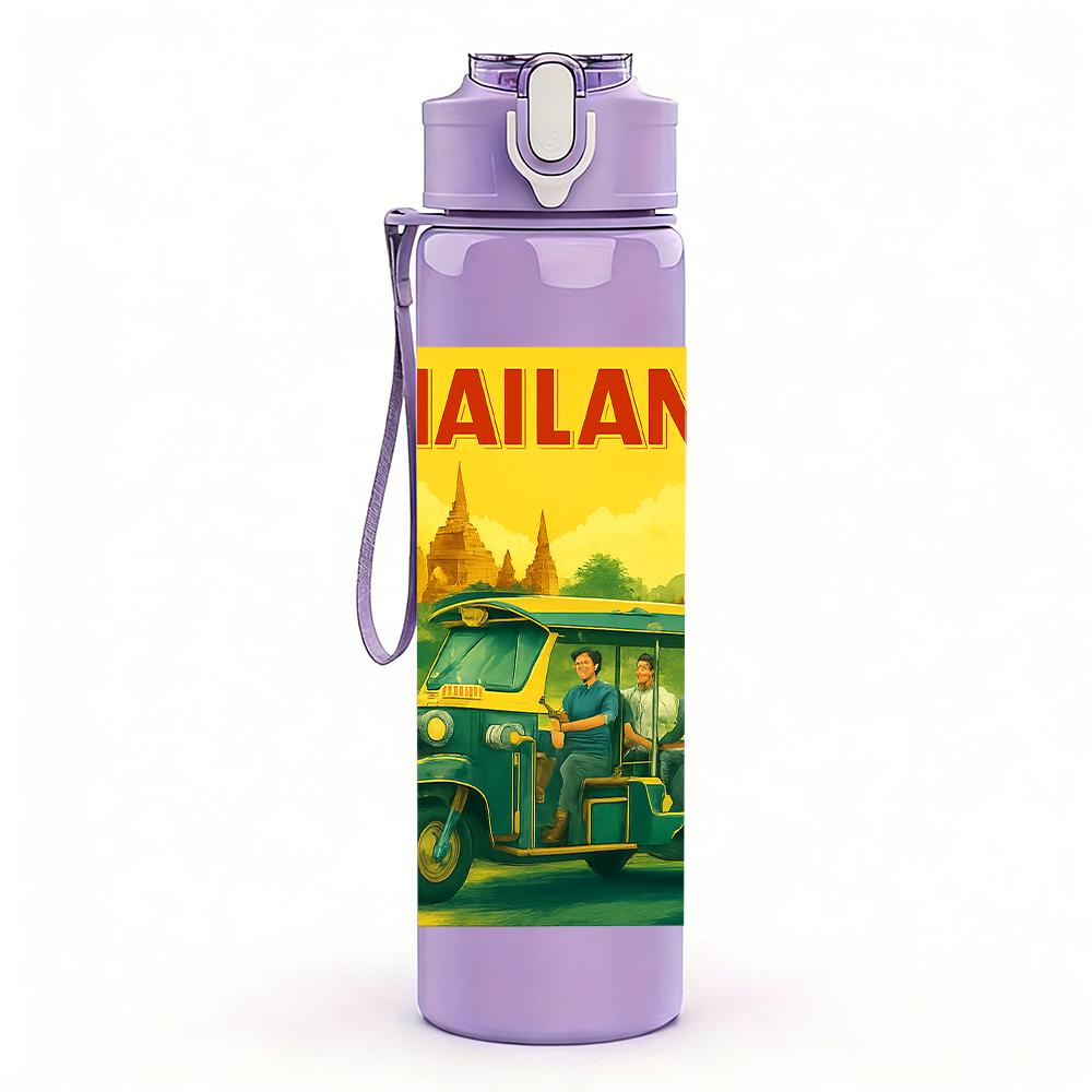 1PC Thailand Retro Travel Poster 750ml Color Plastic Sports Water Bottle Leakproof Flip Straw Lid Suitable for Sports Office Home Use