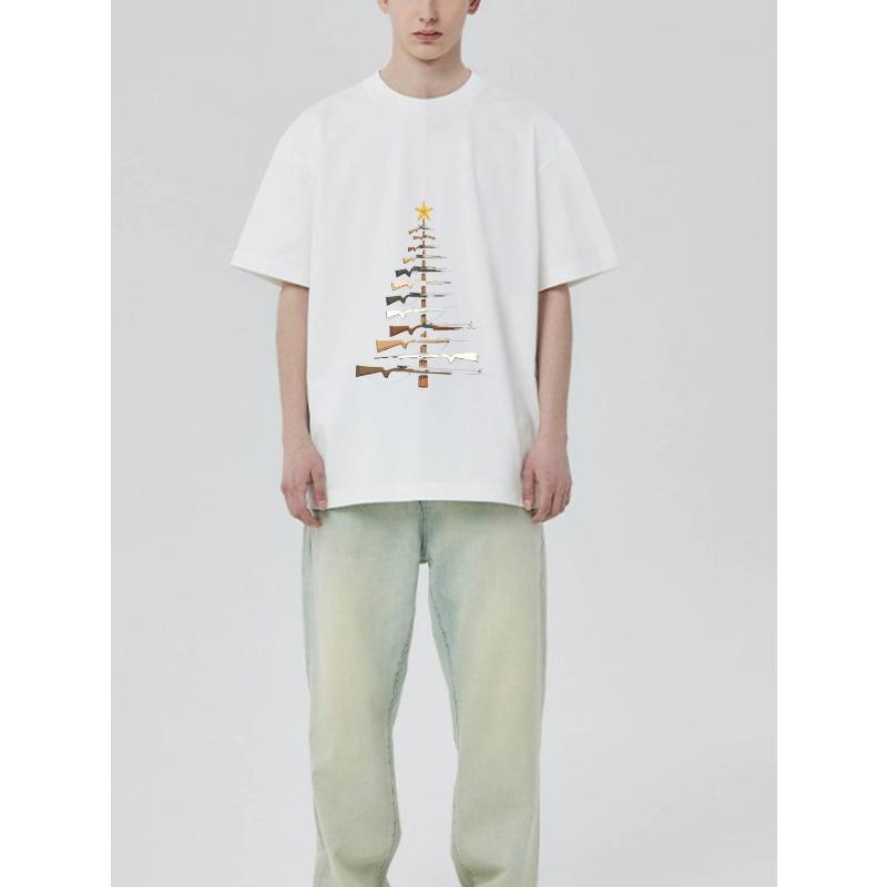 Black T Shirt Christmas Tree Rifle Pattern Casual Wear for Men and Women