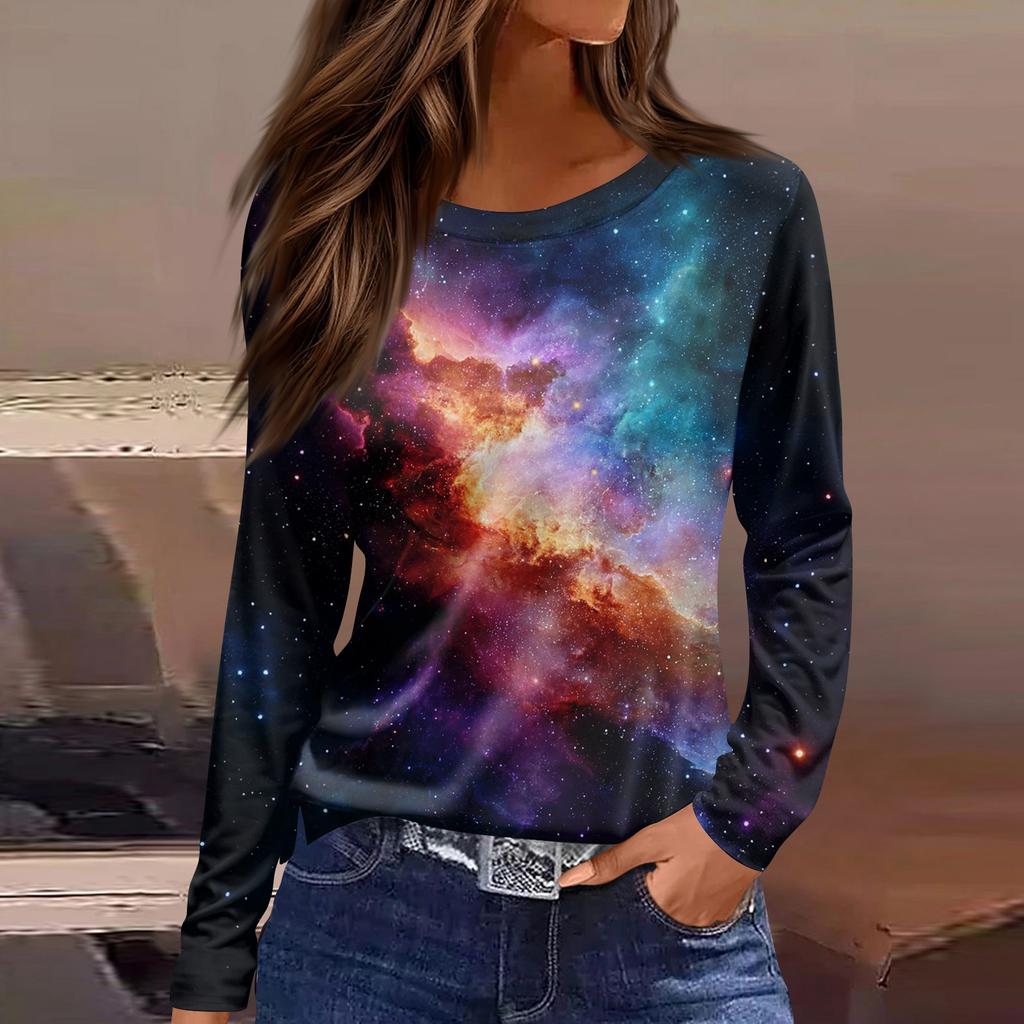 Damenmode Lässig Schlitz Saum Rundhals Langarm Lose Bedrucktes T-Shirt Damen Top