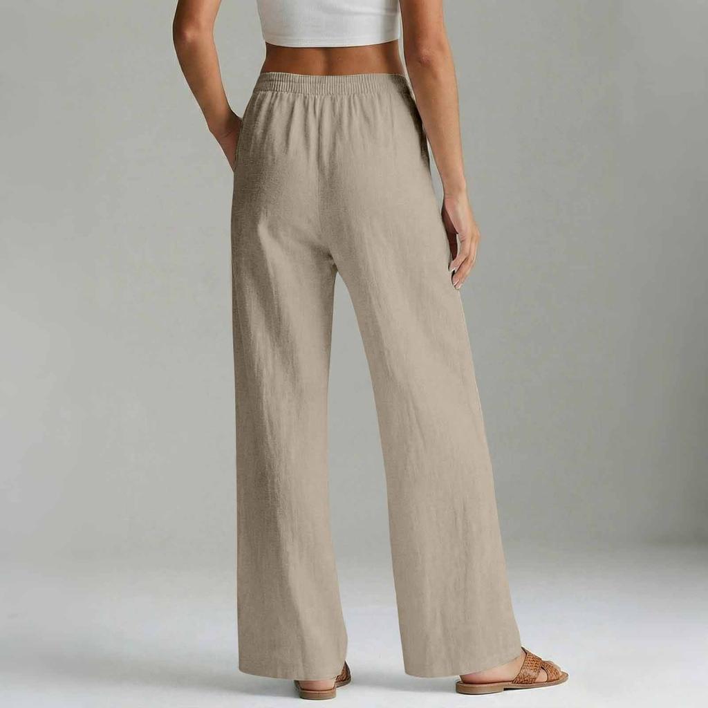 Women’s Wide Leg Linen Pants with Elastic Waistband and Pockets Loose Fit High Waist Casual Trousers for Daily Wear