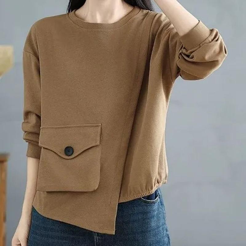Pullovers Women Long Sleeves Autumn Winter Cotton Blouse Oversized Comfortable Stretch Solid Color Round Neck Loose Tops