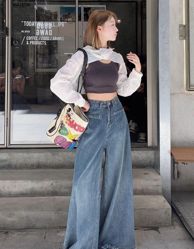 2025 Plus Size American Retro High Waist Wide Leg Jeans for Women - Autumn Loose Fit, Raw Edge, Straight, Floor Length.