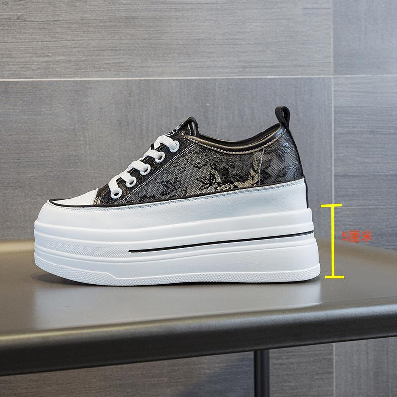 New Breathable Leather Inner Heightening Thick-soled Low-top Women's Shoes Lace-up Single-sided Muffin Delicate 8 Cm Little White Shoes Women