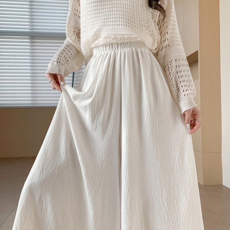 White Culottes Women's Summer Thin Small Scoop Pleated A-shaped Skirt Ice Silk Cotton and Linen Drape Wide-leg Pants