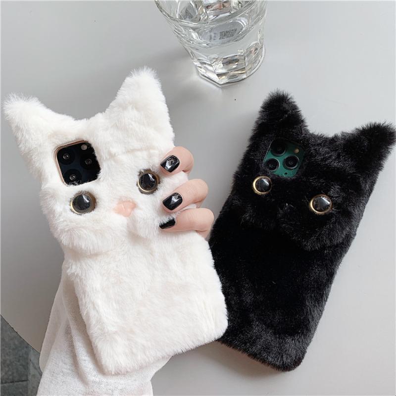3D Cute Cartoon Cat Furry Plush Phone Case For iPhone 17 Air 15 14 13 12 mini 11 16 Pro Max XS XR X 6 7 8 Plus Shockproof Cover