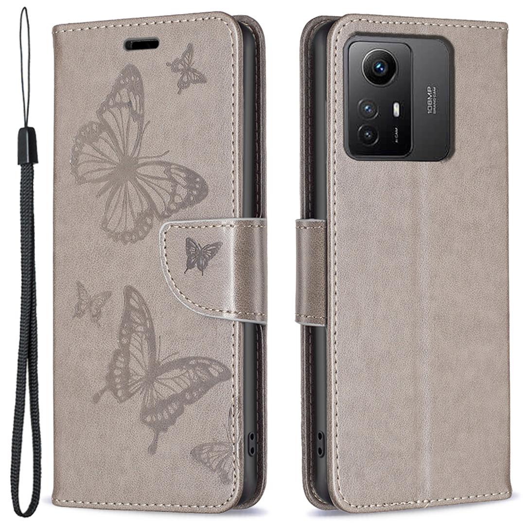 

For Xiaomi Redmi Note 12S 4G Stand Wallet Phone Case Butterfly Imprinted Leather Flip Cover with Strap Grey