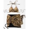 Neckholder-Push-up-BH, Strand-Badeanzug, Badebekleidung, Strandkleidung, 3-teiliges Bikini-Set mit Faltenrock, glänzender massiver Gold-Badeanzug
