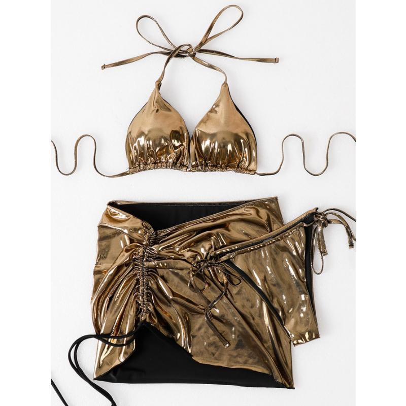 Neckholder-Push-up-BH, Strand-Badeanzug, Badebekleidung, Strandkleidung, 3-teiliges Bikini-Set mit Faltenrock, glänzender massiver Gold-Badeanzug