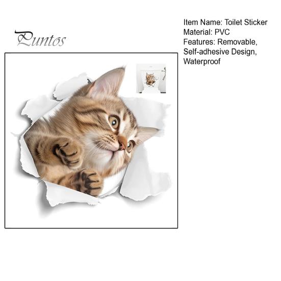 3D Pass Through Cat Toilet Sticker Removable Self-adhesive Waterproof PVC Living Room Bathroom Wall Art Broken Hole Kitten Toilet Lid Decoration Decal