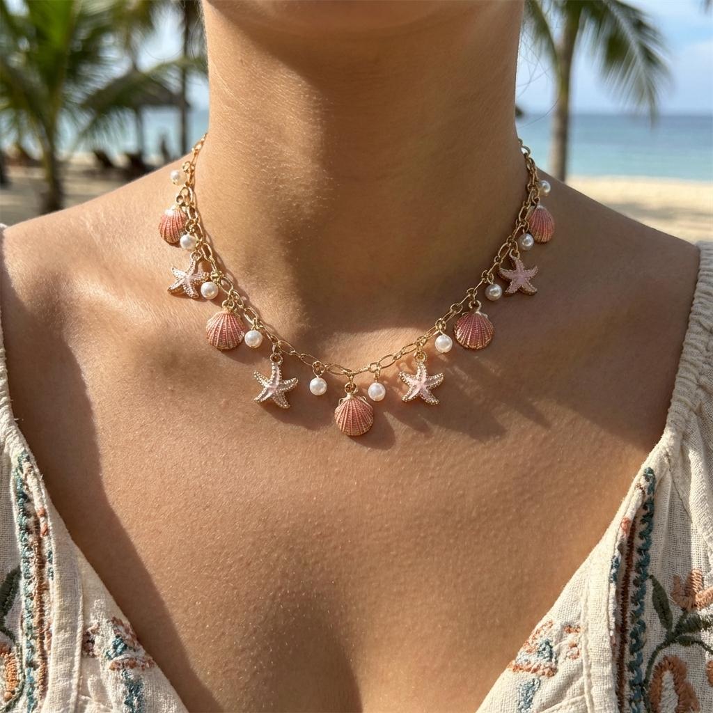 Collana Unica Y2K a Tema Oceanico per Donna Boho Stella Marina Rosa Smalto Conchiglie Ciondolo Collana Choker Gioielli Estetici Estivi