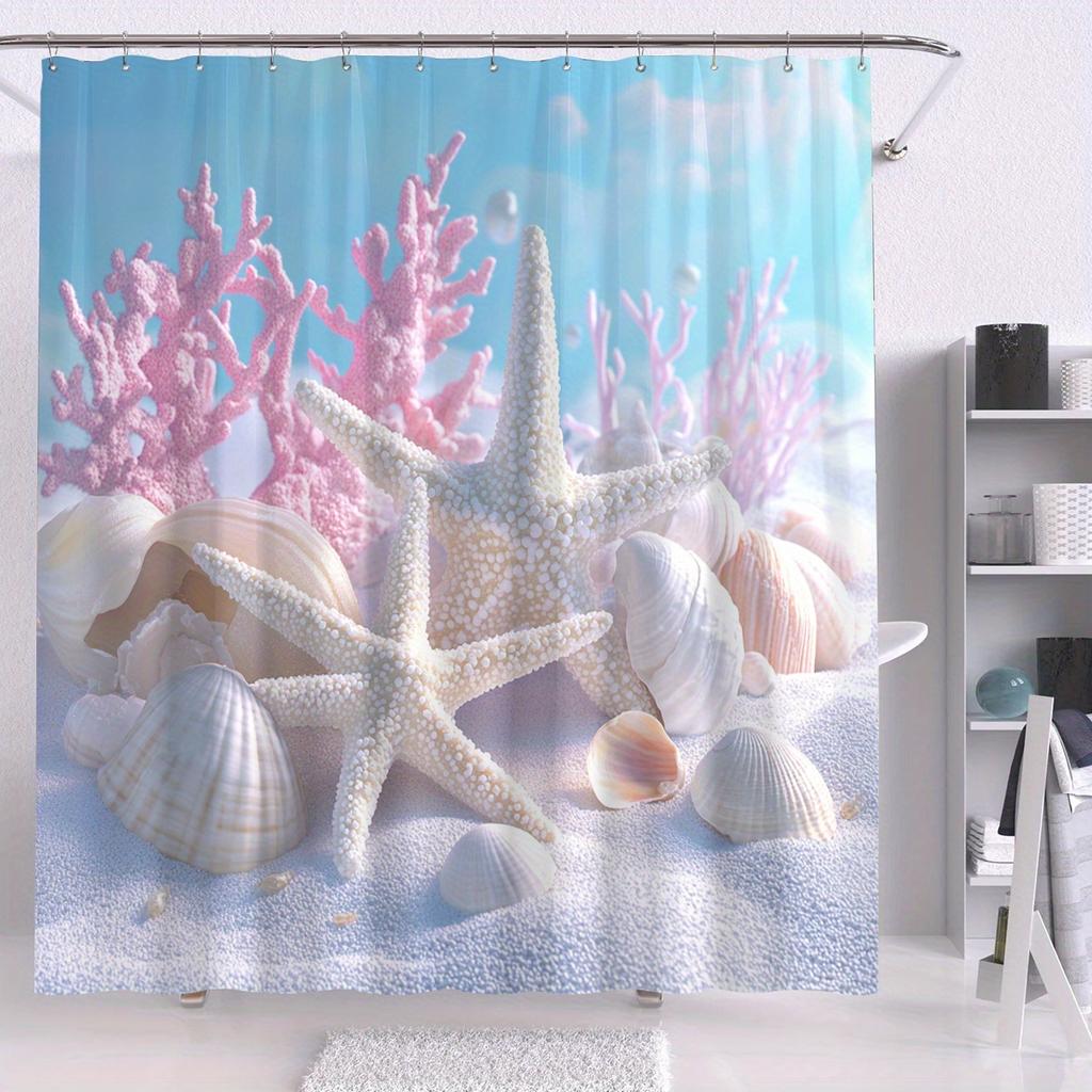 1 Polyester shower curtain with hooks - Exquisite starfish and coral reef digital print, four seasons ocean theme design