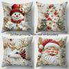 Christmas Pillow Covers Set Of 4, Santa Snowman Reindeer Holiday Print, Modern Polyester Decor For Living Room Sofa