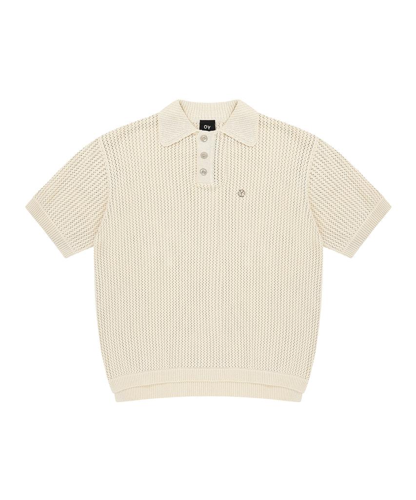 OHY Metal Logo Net Half Polo Knit-Ivory