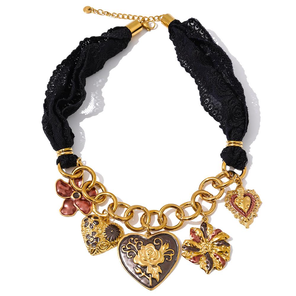 Yhpup Black Lace Chain Enamel Heart Flower Charms Pendant Drop Statement Necklace Stainless Steel Autumn Winter Trendy Jewelry