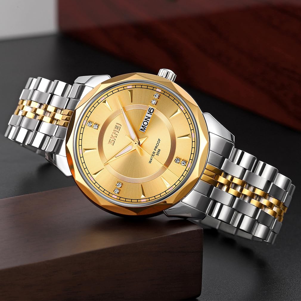 SKMEI Men's Watch Gold Silver Stainless Steel Business Classic Wristwatch Gentleman Waterproof Analog Stylish Simple Date Day Luxury Gift Gold