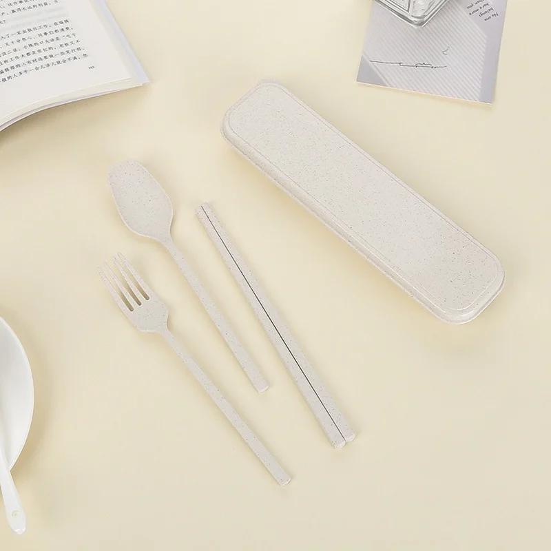 3pcs/set Travel Cutlery Portable Cutlery Box Japan Style Wheat Straw Knife Fork Spoon Student Dinnerware Sets Kitchen Tableware