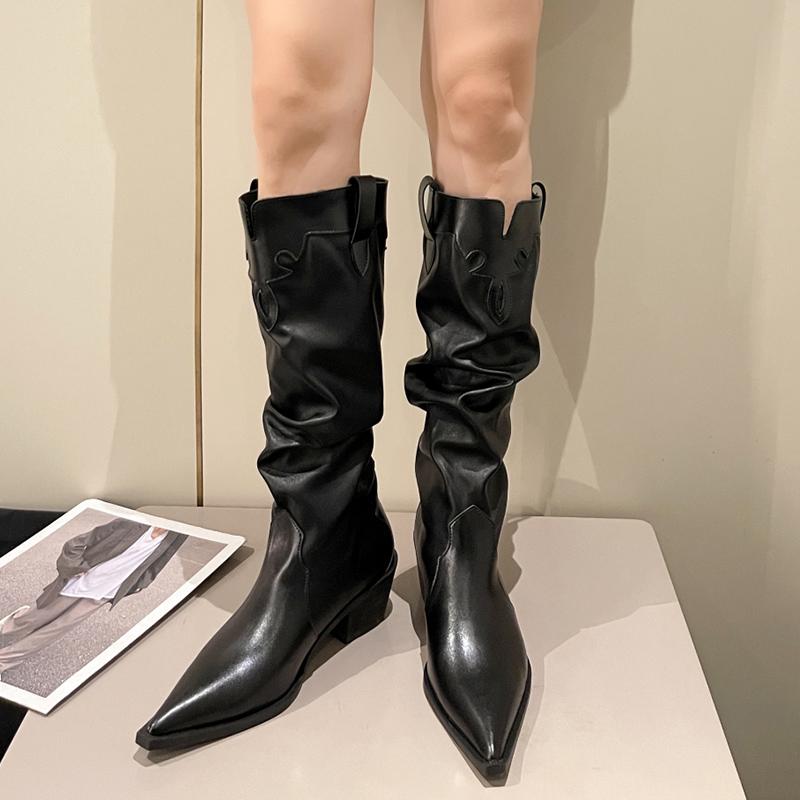 Fashion Pleated Thick Heels Boots Women 2025 Autumn Pointed Toe Pu Leather Mid Calf Boots Woman Gothic Slip on Designer Shoes