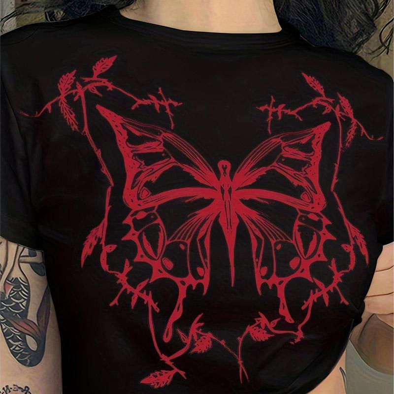 Vintage Fairy Grunge Butterfly Print Short Sleeve O-Neck Fitted Crop Top Punk Harajuku E-girl Tee American Y2K 90S Women T-shirt