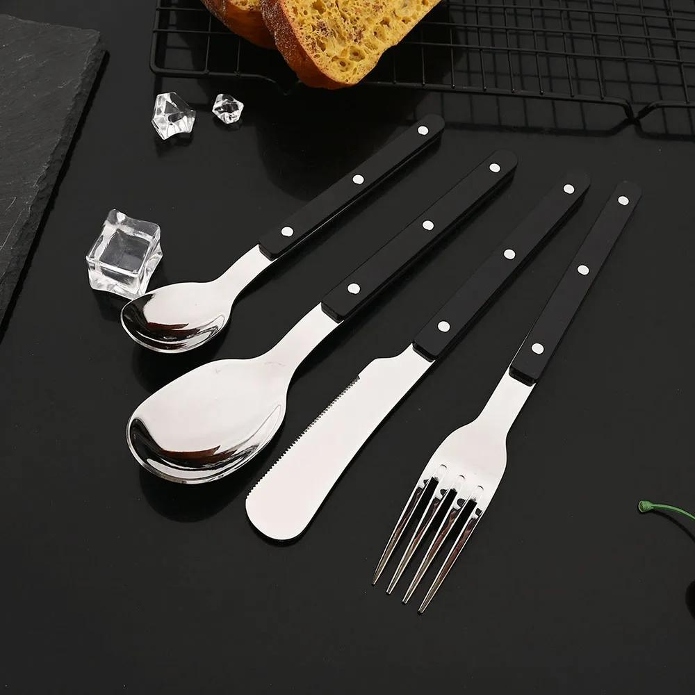 4Pcs Black Silver Acrylic Handle Dinnerware Knife Fork Spoon Set Stainless Steels Cutlery Set Western Home Kitchen Flatware