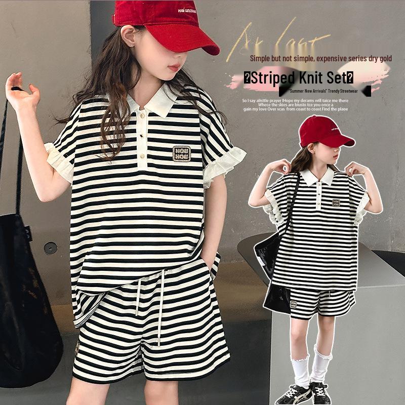 

2025 Girls Summer Sports Set: Loose Striped Polo Collar & Shorts 150 cm