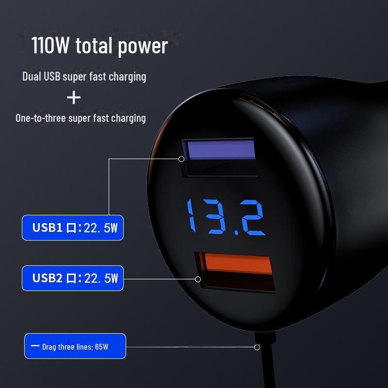 65W Dual USB Car Charger with QC3.0 Fast Charging, Multi-Function Digital Display, and One-to-Three Splitter