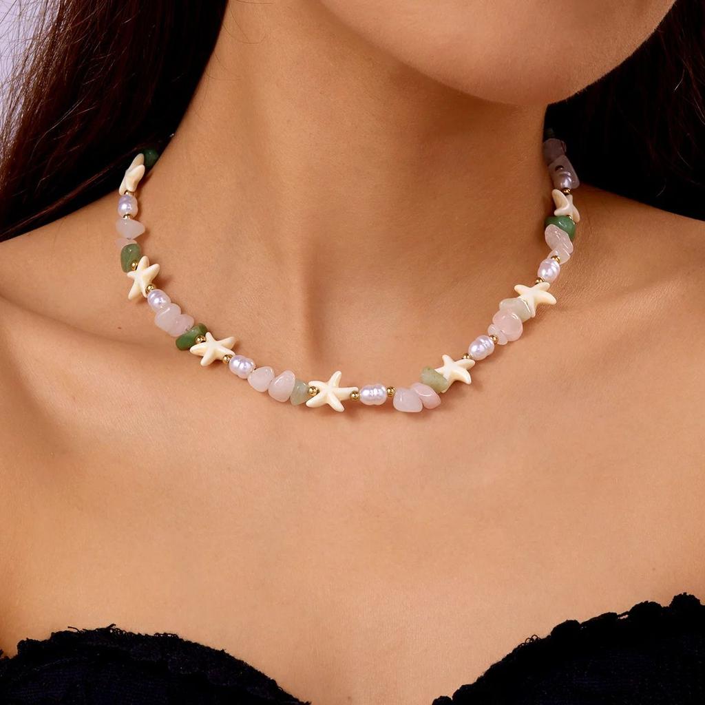 Irregular Colorful Natural Stone Beaded Necklace for Women Handmade Bohemian Starfish Clavicle Chain Beach Party Charm Jewelry