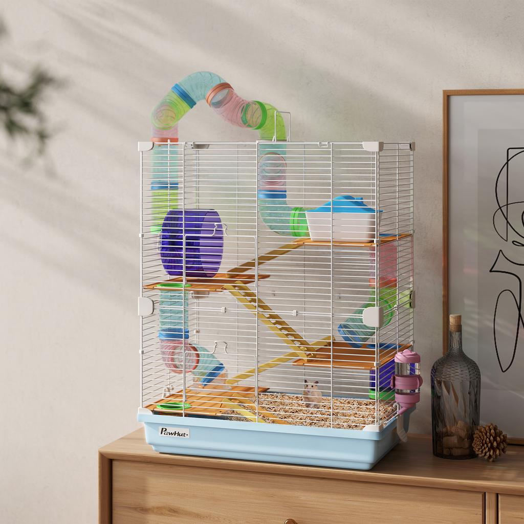 5 Tier Hamster Cage Carrier Habitat w/ Exercise Wheels, Tunnel, Light Blue