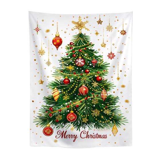 Festive Window Hanging Merry Christmas Tapestry, Wall Fabric Backdrop, Xmas Tree Winter Holiday Party Scene Decoration Art for Living Room,