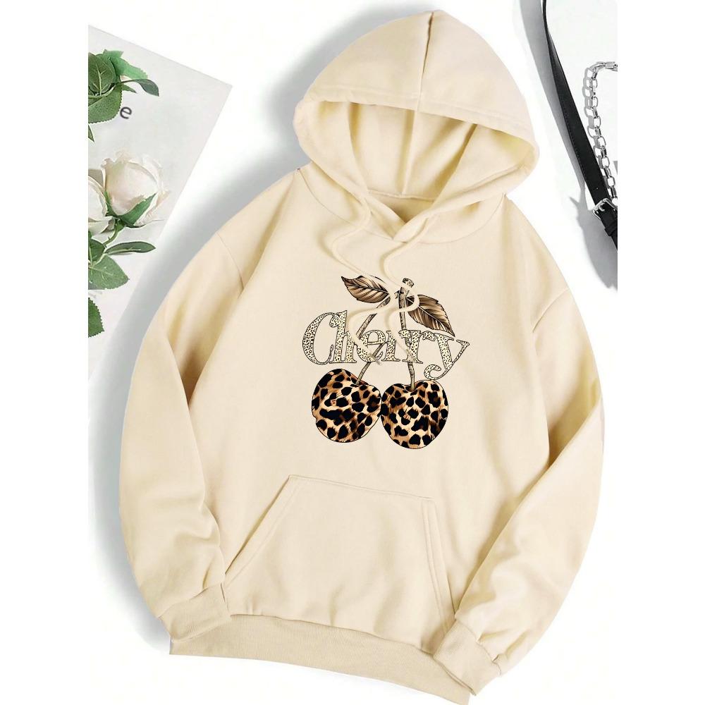 Leopard Cherry Creative Printing Hoodies Women All-Match Streetwear Y2K Pocket Hoody Autumn Casual Woman Clothing