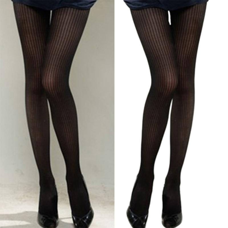 Vintage Patterned Semi-Sheer Pantyhose Stockings Women Vertical Striped Jacquard Thin Silky Tights Leggings Streetwear