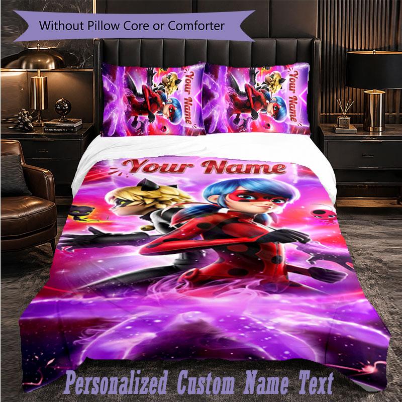 Personalized 3Pcs Bedding SetMiraculous Ladybug Custom Text Duvet Cover Pillowcase Set Bedroom Gift