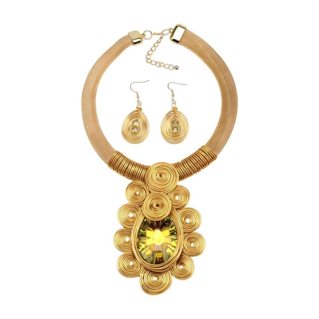 Crystal Pendant Necklace Earrings for Women Chunky Statement Flower Festival Ethnic Tribal Jewelry Accessories
