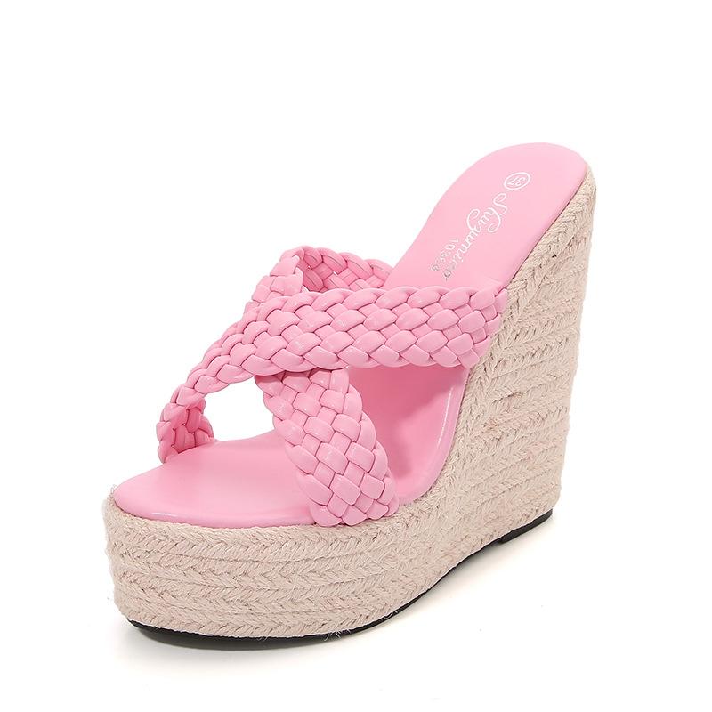 Fashion Hate The Sky High Slippers 15CM Wedge High Heels Nightclub Sexy Waterproof   Platform Straw Braid Sandals Female Summer