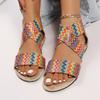 Fashion Summer Women Plus Size Ethnic Style One Word Wide Strip Multicolor Woven Strap Back Zip Anti-Slip Beach Sandals