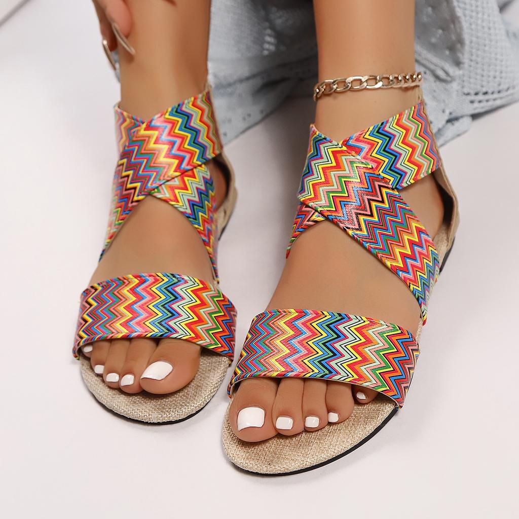 Fashion Summer Women Plus Size Ethnic Style One Word Wide Strip Multicolor Woven Strap Back Zip Anti-Slip Beach Sandals