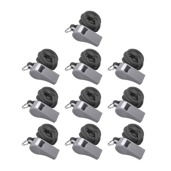 

10 шт. пластиковых свистков со шнурками, громкие спортивные свистки для судей с горошиной для тренеров, для использования в экстренных ситуациях, запасной свисток для тренеров 10pcs серый